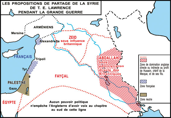 Carte du projet de partage de la Syrie de T.E. Lawrence pendant la Grande Guerre