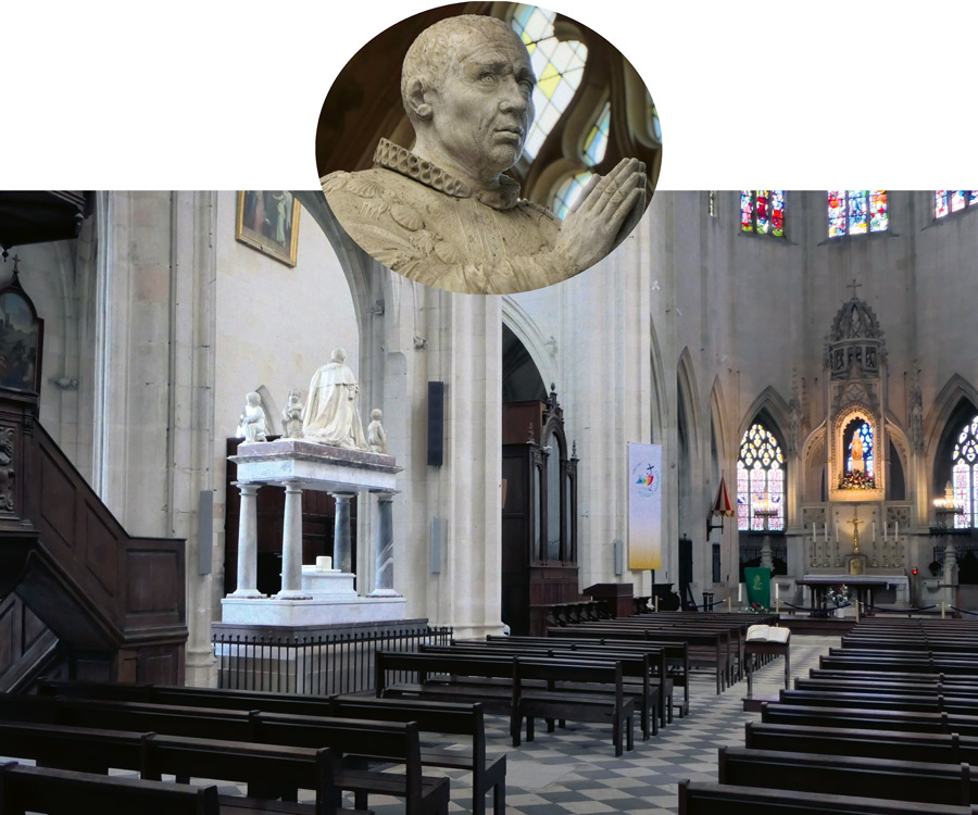 La basilique de Notre-Dame de Cléry : la statue miraculeuse de la Vierge à l’Enfant, au-dessus du maître-autel et le monument funéraire de Louis  XI (par Michel Bourdin, en 1622).