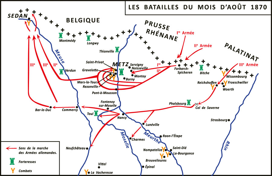 Carte des batailles du mois d'août 1870.
